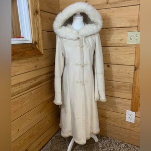 Ivory White Faux Fur Suede Hood Women Winter Afghan Coat Vintage 90s Penny Lane
